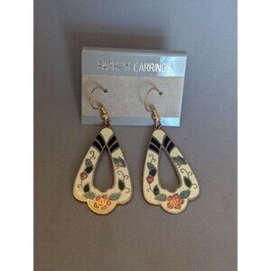 Vintage Taiwan Cloisonné Butterfly Rose Dangle Earrings Art Nouveau Floral